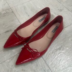 Prada Red Pointed Toe Bow Flats